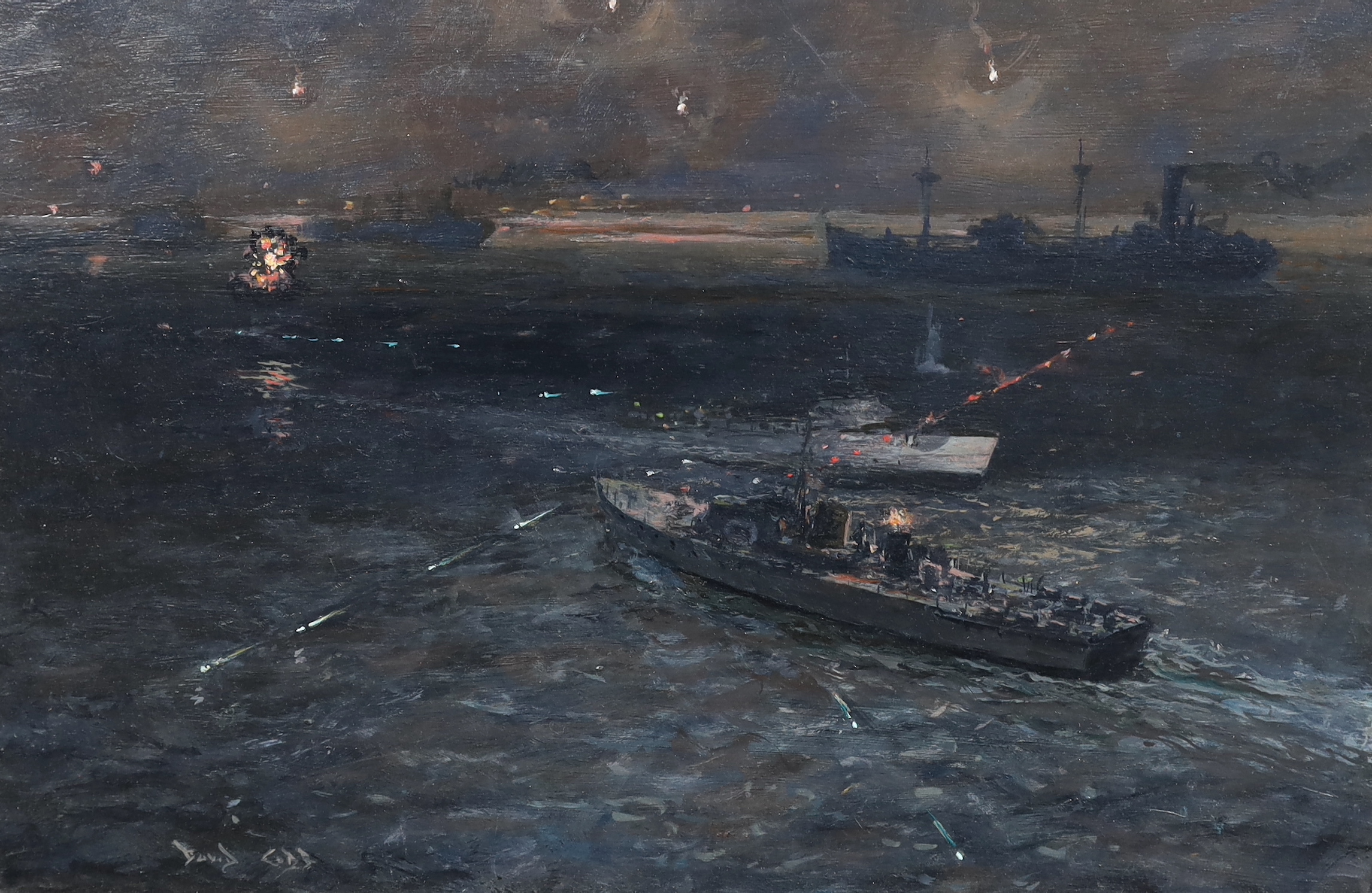 David Cobb (British, 1921-2014), Night Action, Falklands Islands, 1982, oil on board, 30 x 45cm